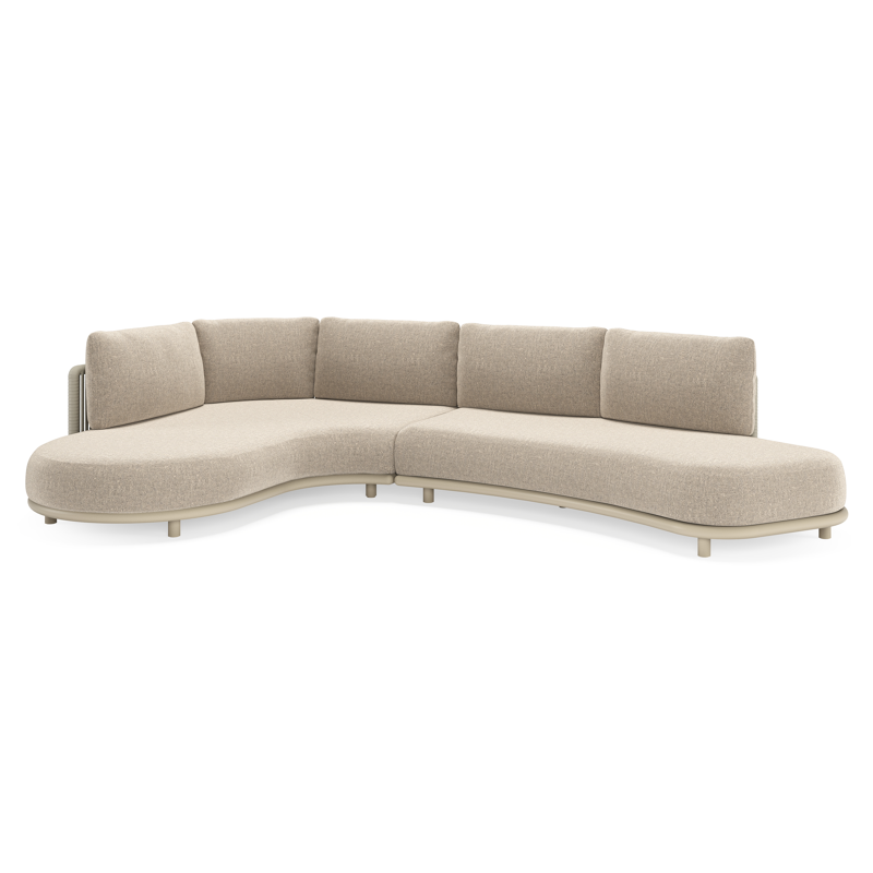 Lomano loungehoek in beige aluminium en beige verticaal geweven luxe vlakke rope met Chartres Pewter all weather sunbrellaÂ® luxe