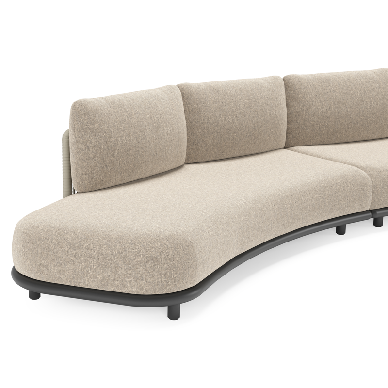 Lomano loungehoek in zwart aluminium en beige verticaal geweven luxe vlakke rope met Chartres Pewter all weather sunbrella® luxe