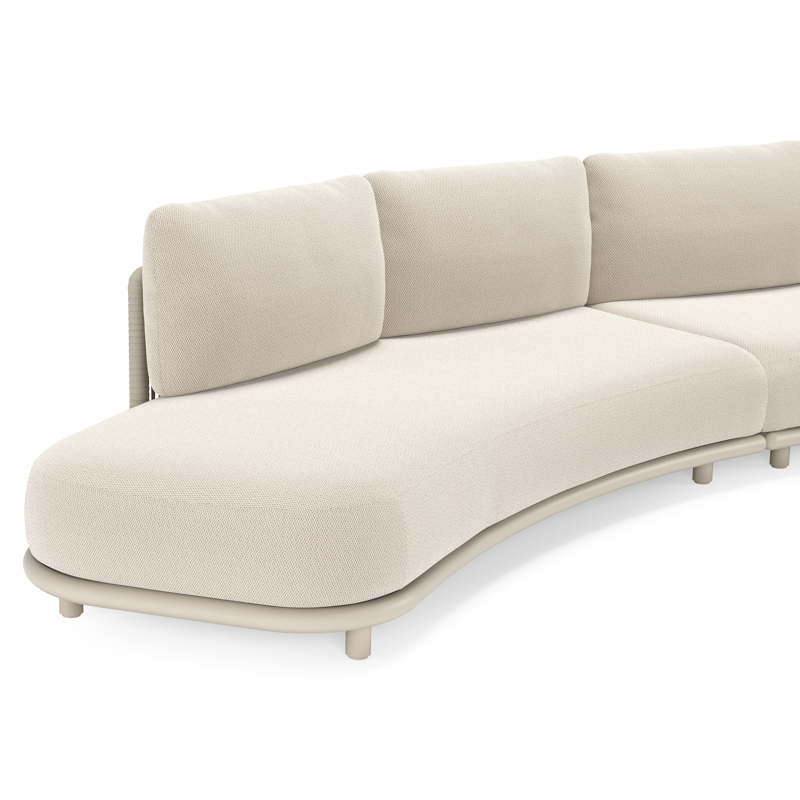 Lomano loungehoek in beige aluminium en beige verticaal geweven luxe vlakke rope met Lopi Marble all weather sunbrella® luxe
