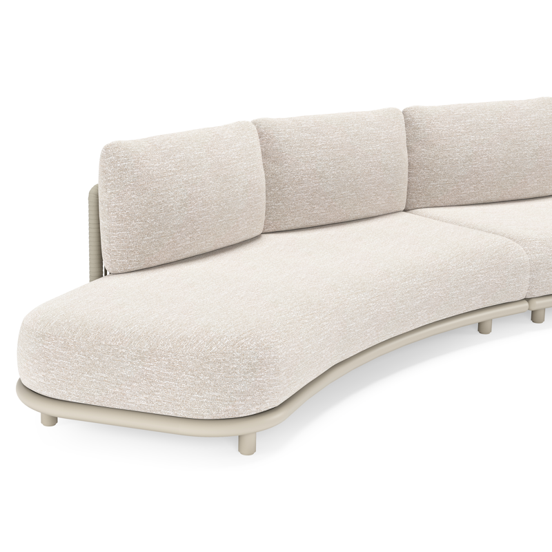Lomano loungehoek in beige aluminium en beige verticaal geweven luxe vlakke rope met Tundra Sand all weather sunbrella® luxe