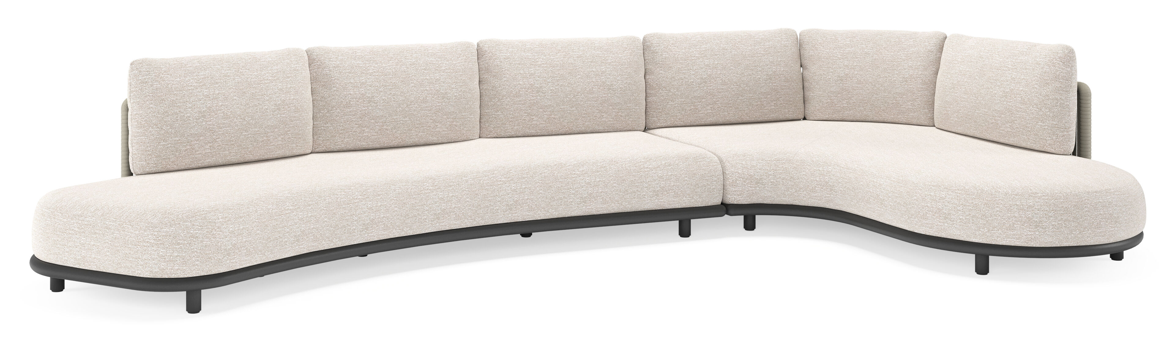 Lomano loungehoek in zwart aluminium en beige verticaal geweven luxe vlakke rope met Tundra Sand all weather sunbrella® luxe