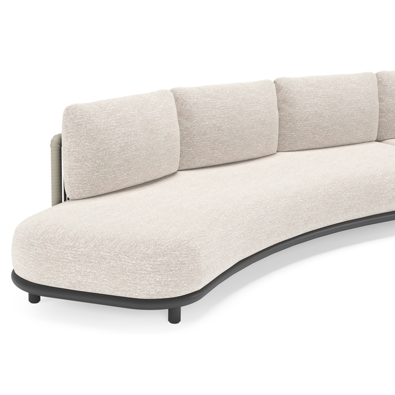 Lomano loungehoek in zwart aluminium en beige verticaal geweven luxe vlakke rope met Tundra Sand all weather sunbrella® luxe