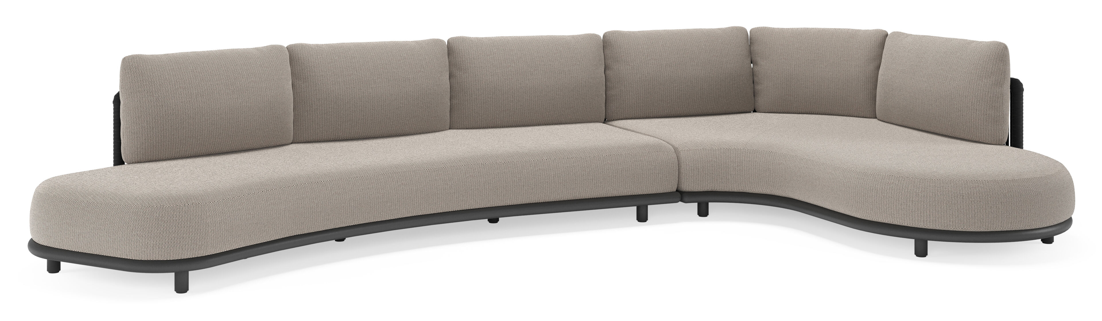 Lomano loungehoek in zwart aluminium en zwart verticaal geweven luxe vlakke rope met lopi pepper all weather sunbrella® luxe kussen