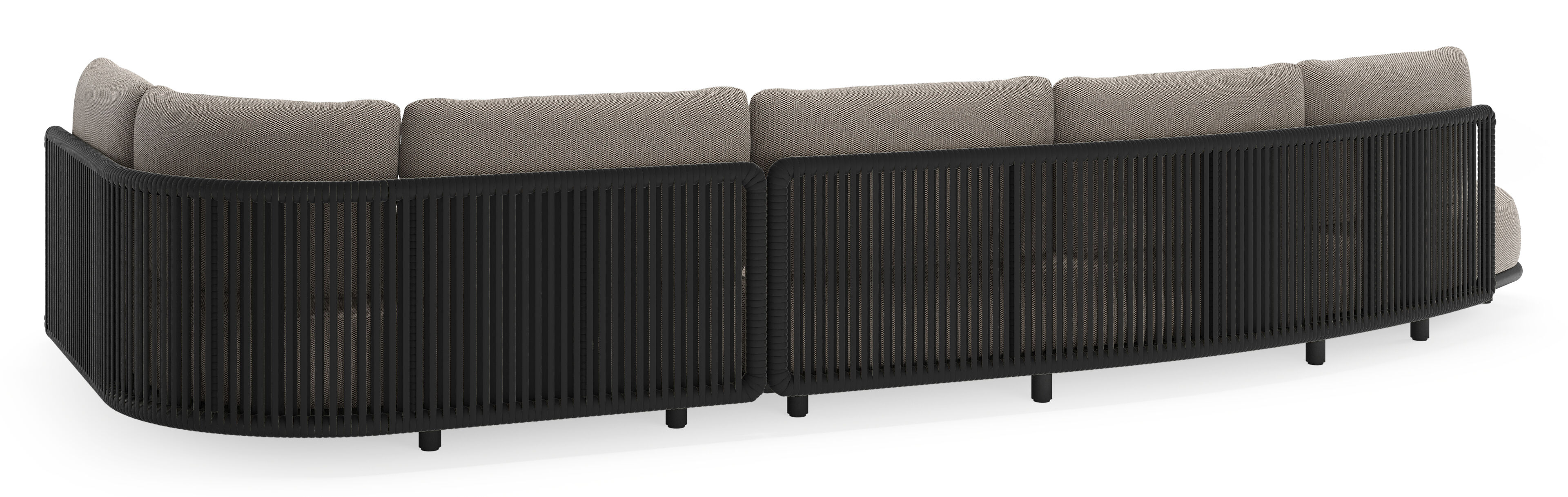 Lomano loungehoek in zwart aluminium en zwart verticaal geweven luxe vlakke rope met lopi pepper all weather sunbrella® luxe kussen