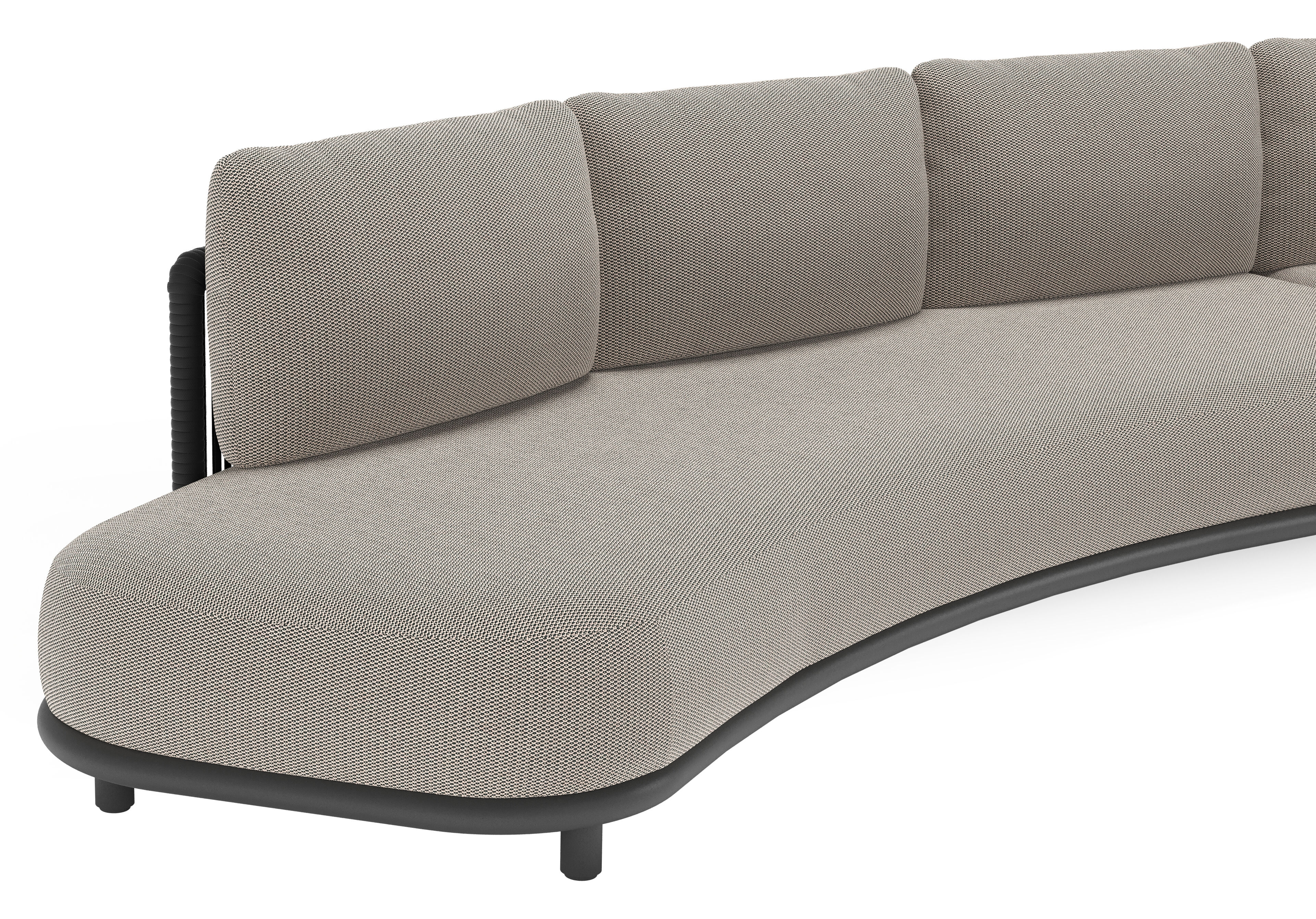 Lomano loungehoek in zwart aluminium en zwart verticaal geweven luxe vlakke rope met lopi pepper all weather sunbrella® luxe kussen