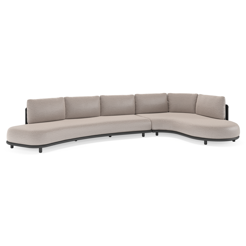 Lomano loungehoek in zwart aluminium en zwart verticaal geweven luxe vlakke rope met wander granite all weather sunbrella® luxe kussen