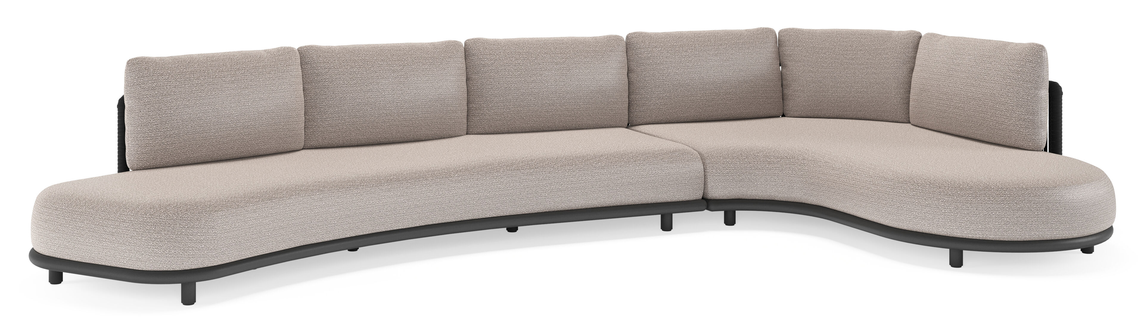 Lomano loungehoek in zwart aluminium en zwart verticaal geweven luxe vlakke rope met wander granite all weather sunbrella® luxe kussen