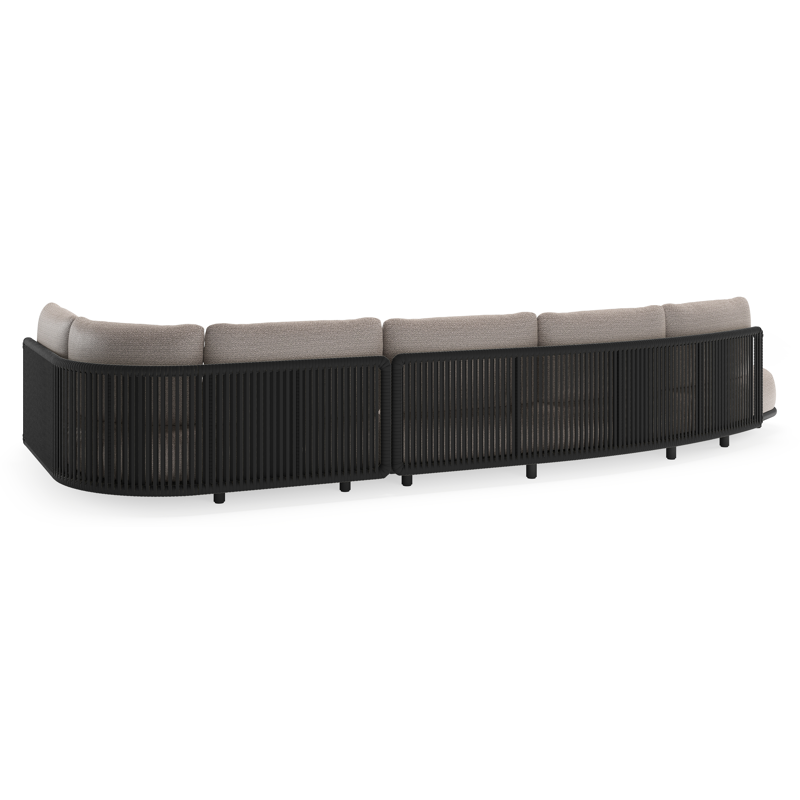 Lomano loungehoek in zwart aluminium en zwart verticaal geweven luxe vlakke rope met wander granite all weather sunbrella® luxe kussen