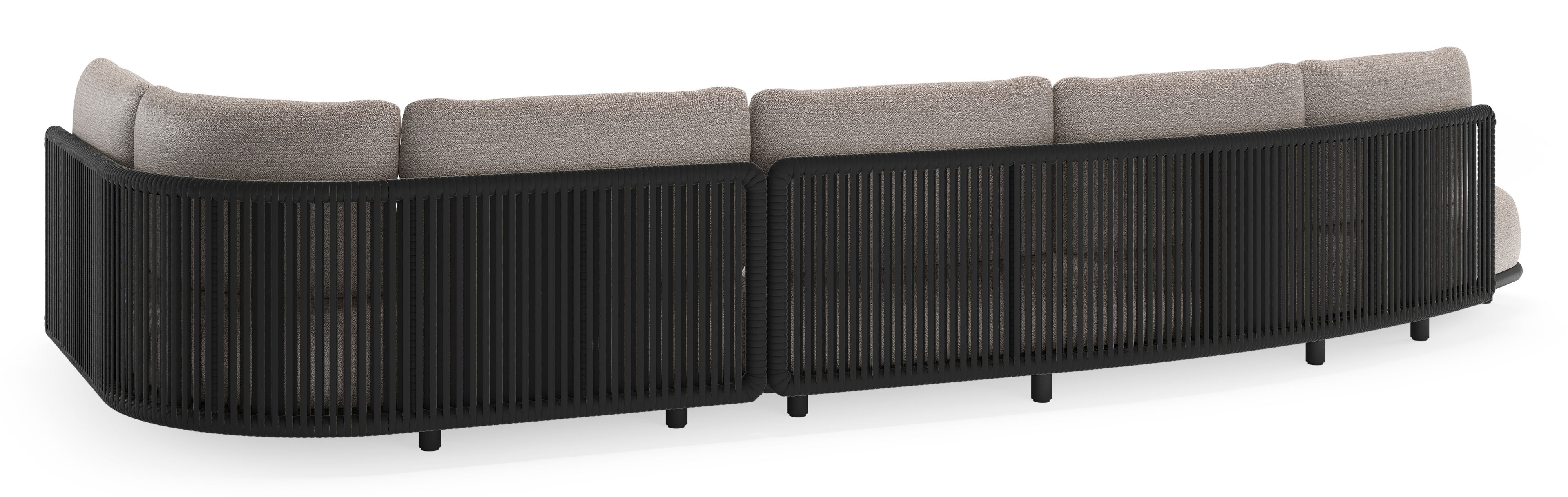 Lomano loungehoek in zwart aluminium en zwart verticaal geweven luxe vlakke rope met wander granite all weather sunbrella® luxe kussen