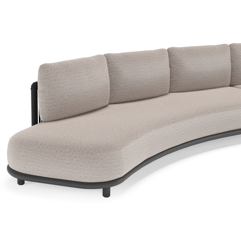 Lomano loungehoek in zwart aluminium en zwart verticaal geweven luxe vlakke rope met wander granite all weather sunbrella® luxe kussen