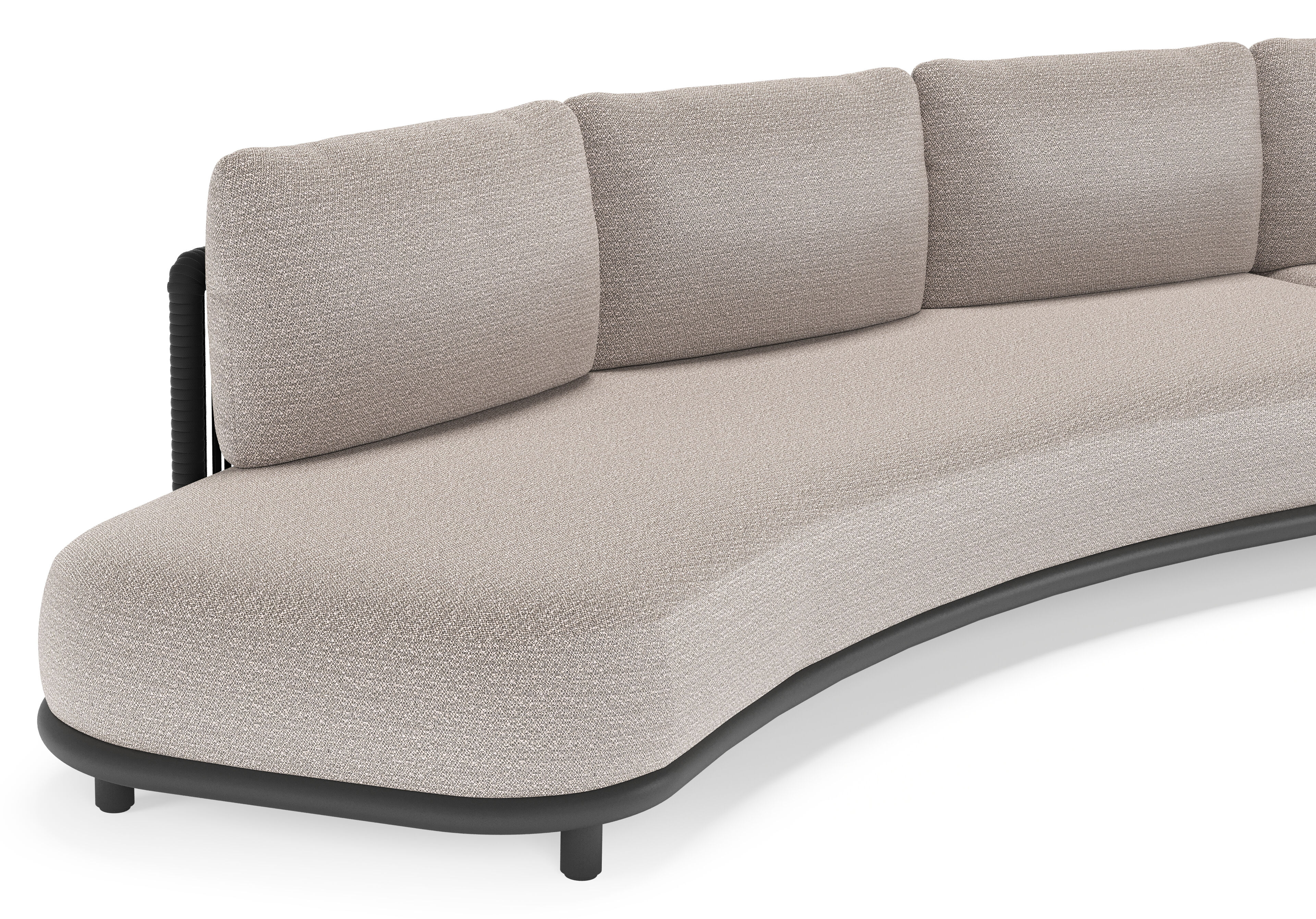 Lomano loungehoek in zwart aluminium en zwart verticaal geweven luxe vlakke rope met wander granite all weather sunbrella® luxe kussen