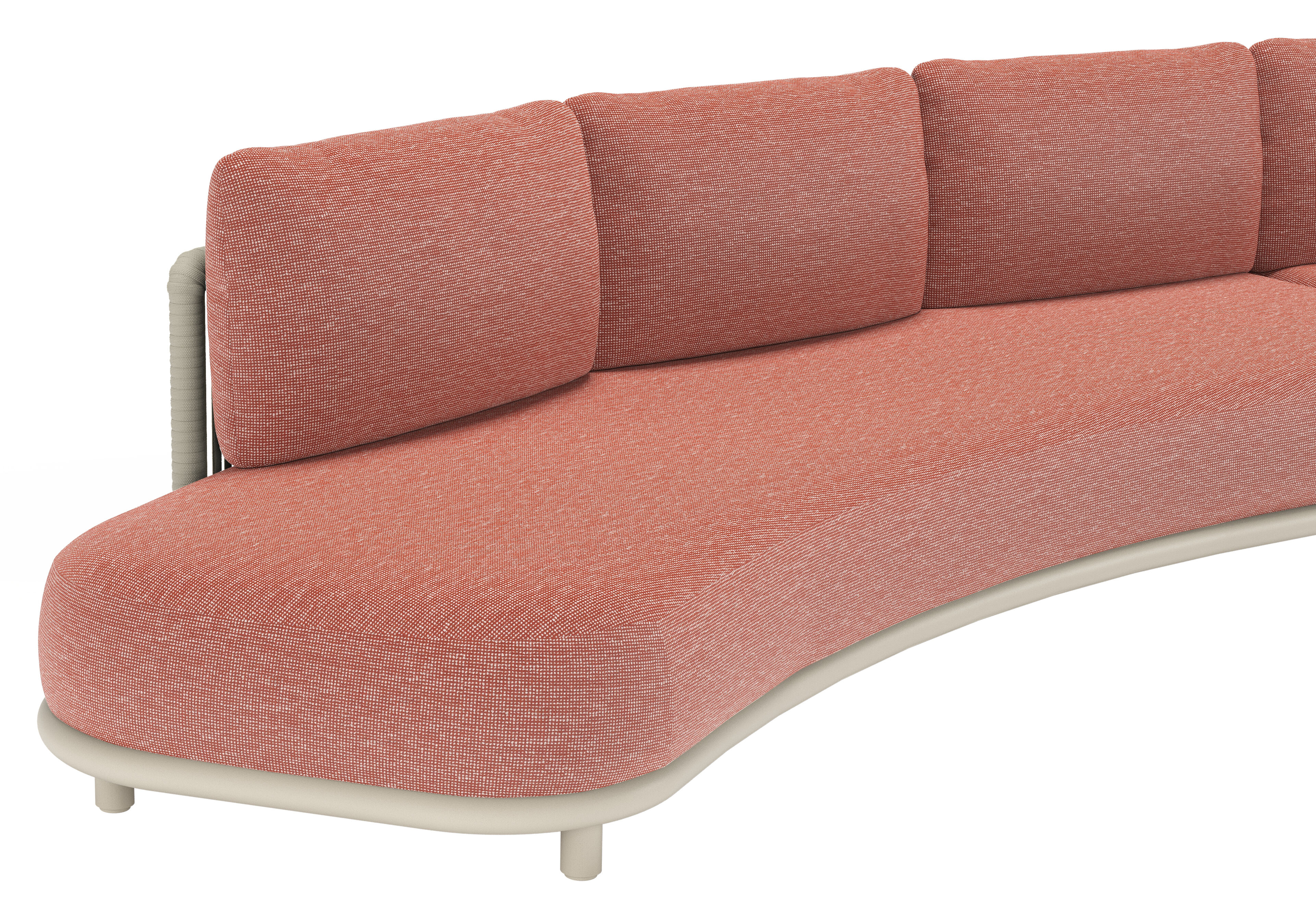 Lomano loungebank in beige aluminium en beige verticaal geweven luxe vlakke rope met Slow Alezan all weather sunbrellaÂ® luxe