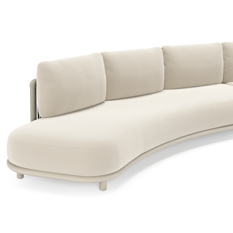 Lomano loungehoek in beige aluminium en beige verticaal geweven luxe vlakke rope met Lopi Marble all weather sunbrellaÂ® luxe
