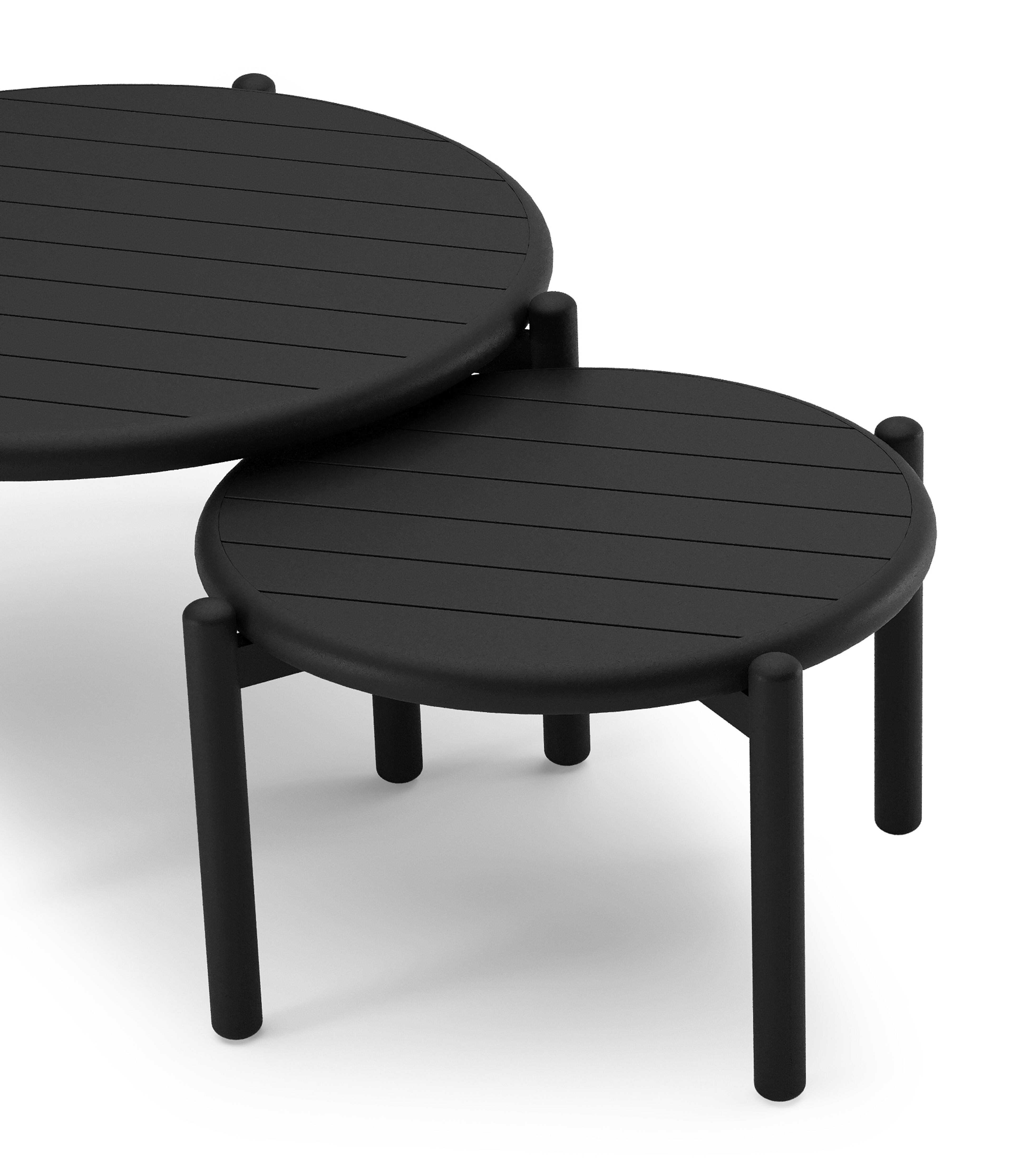 Tables basses Pulo en noir aluminium - Diam. 70 - 50 x Haut. 37.5 - Table 1 : Dia. 70 x Haut. 38 cm / Table 2 : Dia. 50 x Haut. 33 cm