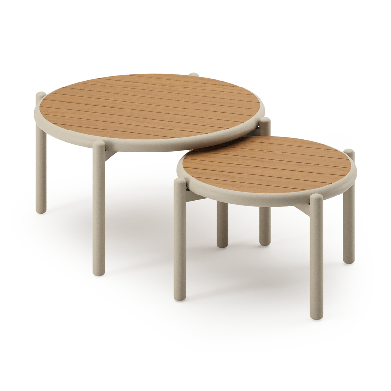 Pulo loungetafels in beige aluminium en polywood - Dia. 70 - 50 x H. 37.5 - Tafel 1: Dia. 70 x H 38 cm / Tafel 2: Dia. 50 x H 33 cm
