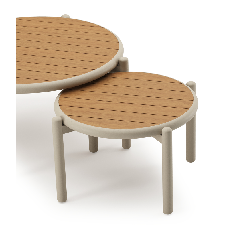 Pulo loungetafels in beige aluminium en polywood - Dia. 70 - 50 x H. 37.5 - Tafel 1: Dia. 70 x H 38 cm / Tafel 2: Dia. 50 x H 33 cm