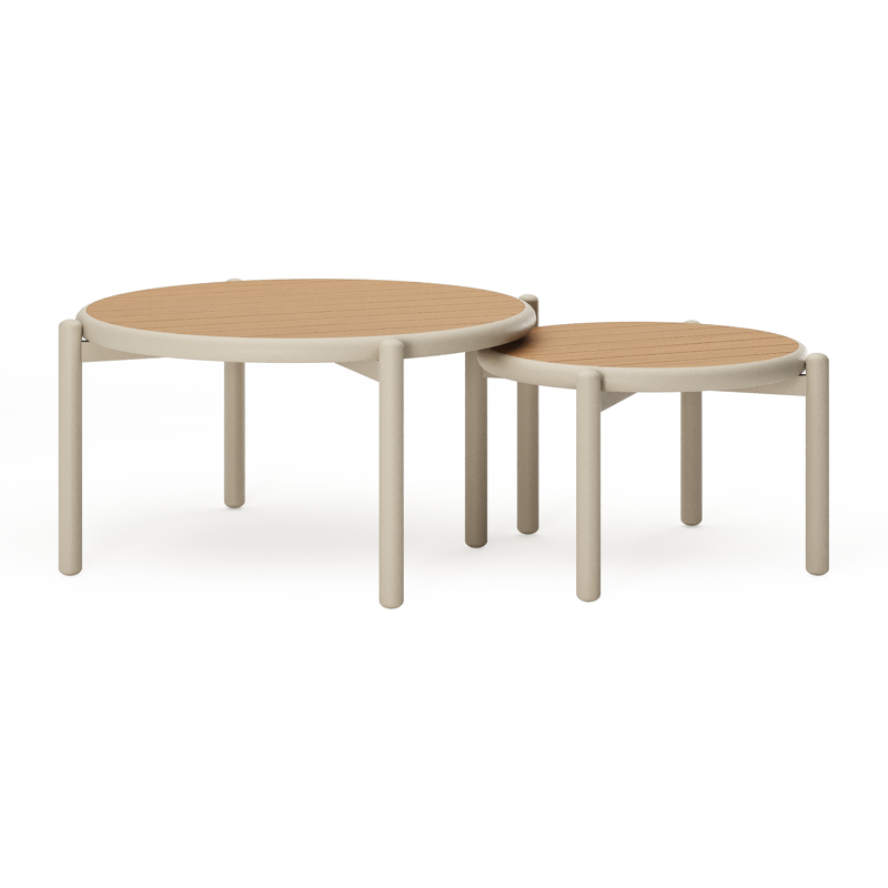 Pulo loungetafels in beige aluminium en polywood - Dia. 70 - 50 x H. 37.5 - Tafel 1: Dia. 70 x H 38 cm / Tafel 2: Dia. 50 x H 33 cm