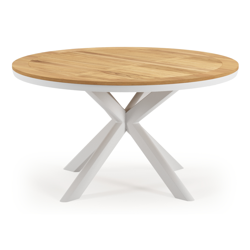Table de jardin Pamplona ronde en aluminium blanc et teck Naturel - Dia. 140 x H 72 cm