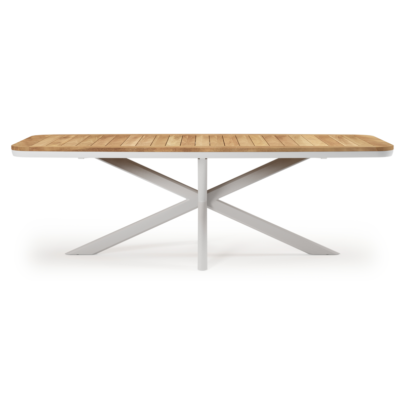 Pamplona tuintafel bootvorm in wit aluminium en teak natural finish - L 240 x B 110 x H 72 cm