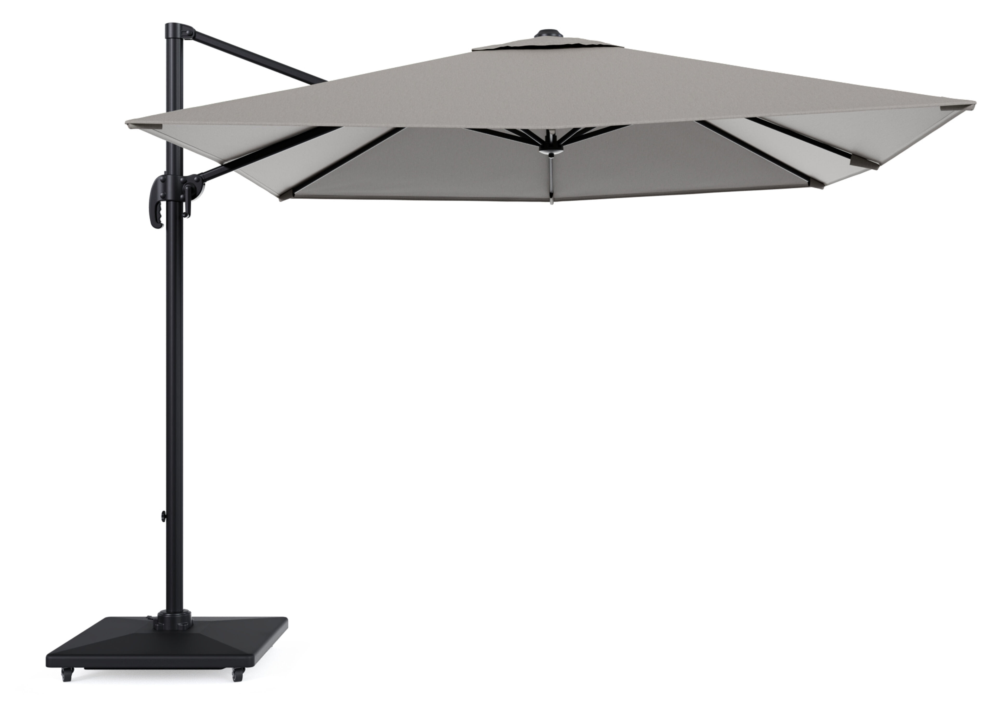 Parasol pendant Calpe en aluminium noir et toile de parasol Weather+ Softtouch gris - Lg.1 270 x Lg.2 270 cm avec pied de parasol Calpe 70 kg avec roulettes
