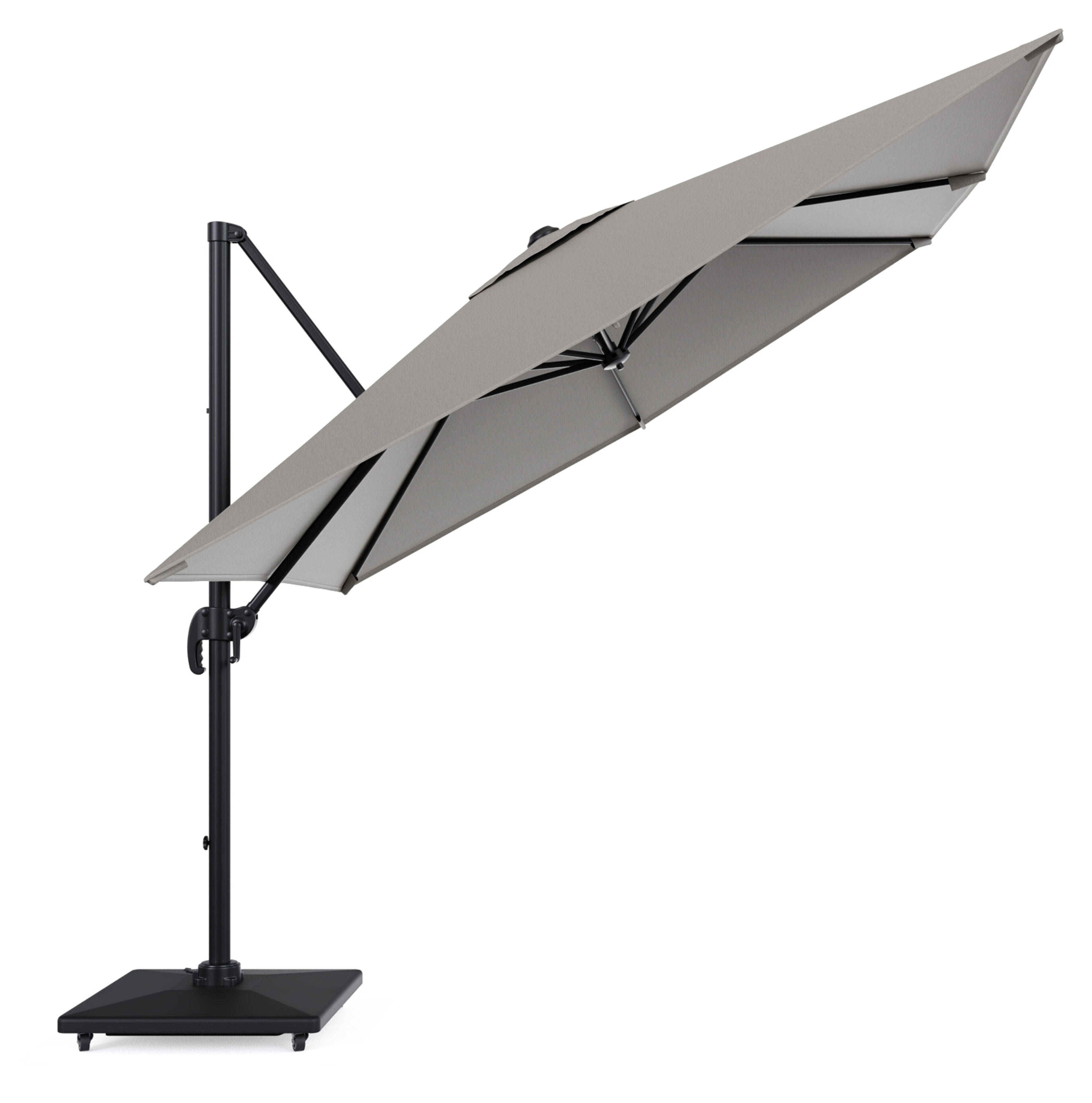 Parasol pendant Calpe en aluminium noir et toile de parasol Weather+ Softtouch gris - Lg.1 270 x Lg.2 270 cm avec pied de parasol Calpe 70 kg avec roulettes