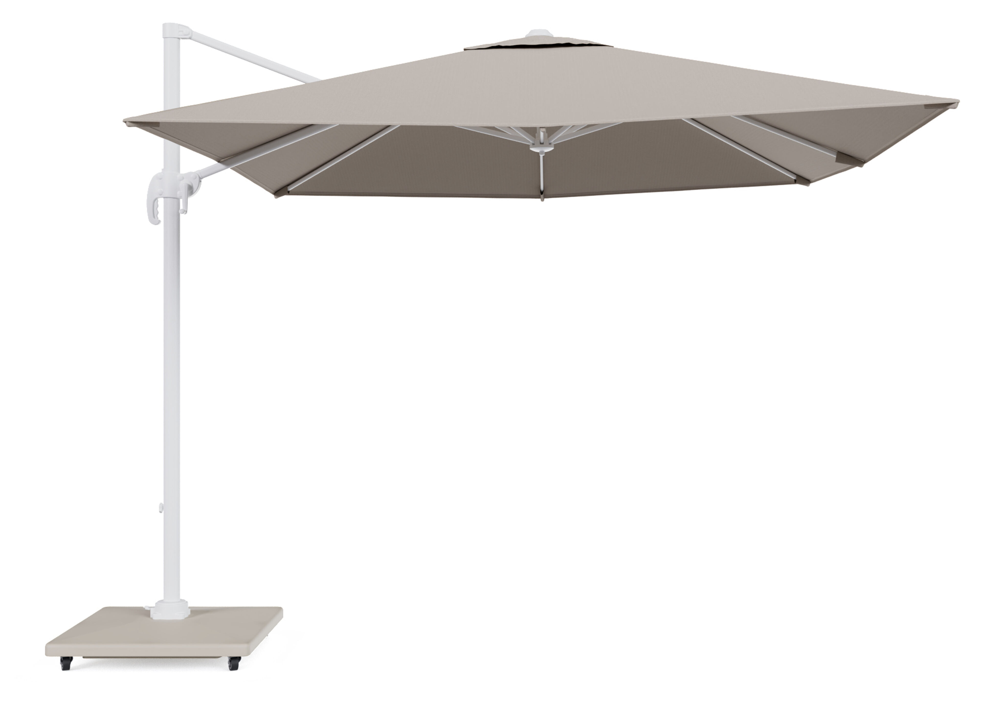 Calpe zweefparasol in wit aluminium en parasoldoek in Weather+ Softtouch Beige  - L1 270 x L2 270 cm met Calpe parasolvoet 70 kg met wielen