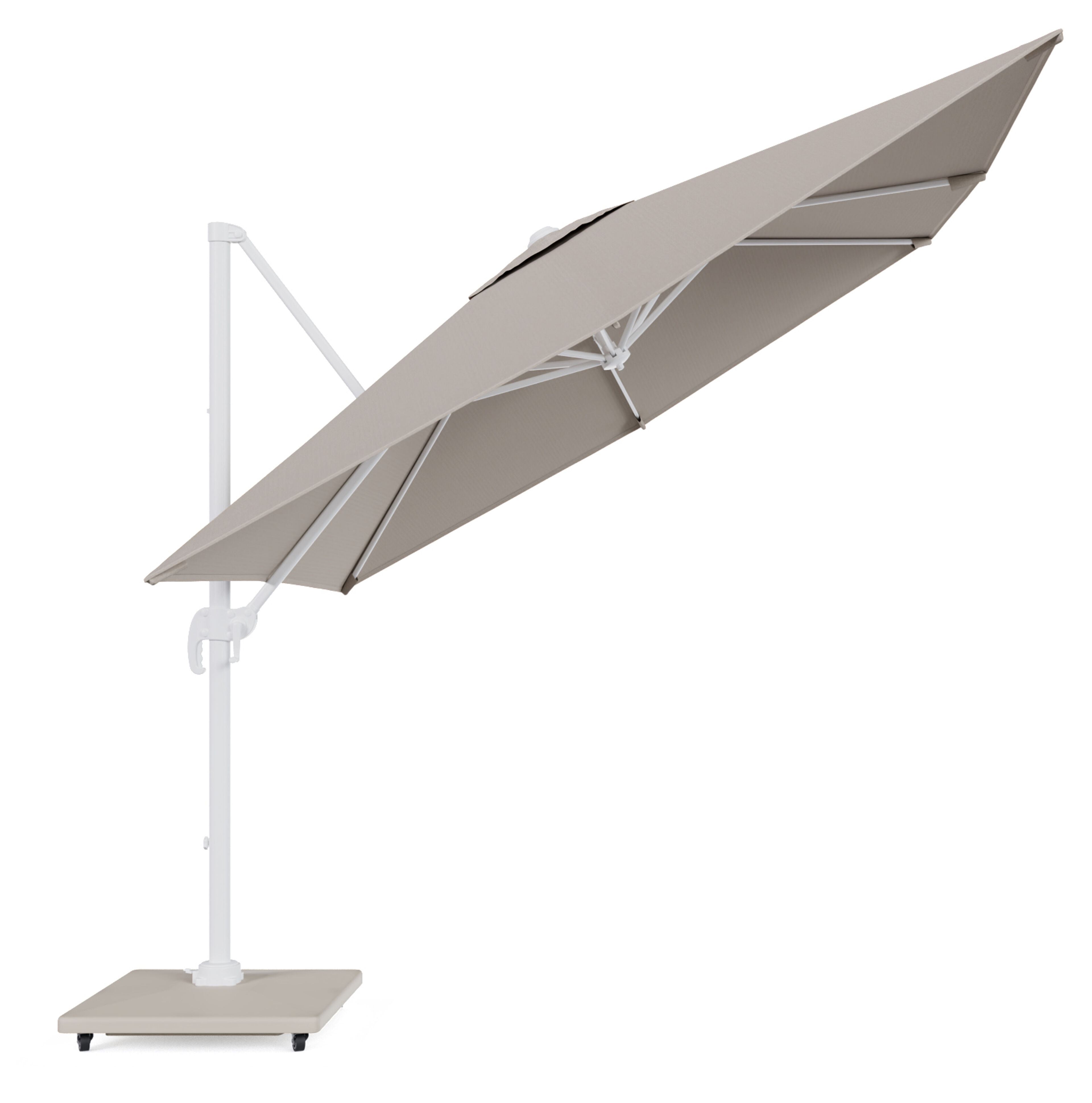 Calpe zweefparasol in wit aluminium en parasoldoek in Weather+ Softtouch Beige  - L1 270 x L2 270 cm met Calpe parasolvoet 70 kg met wielen