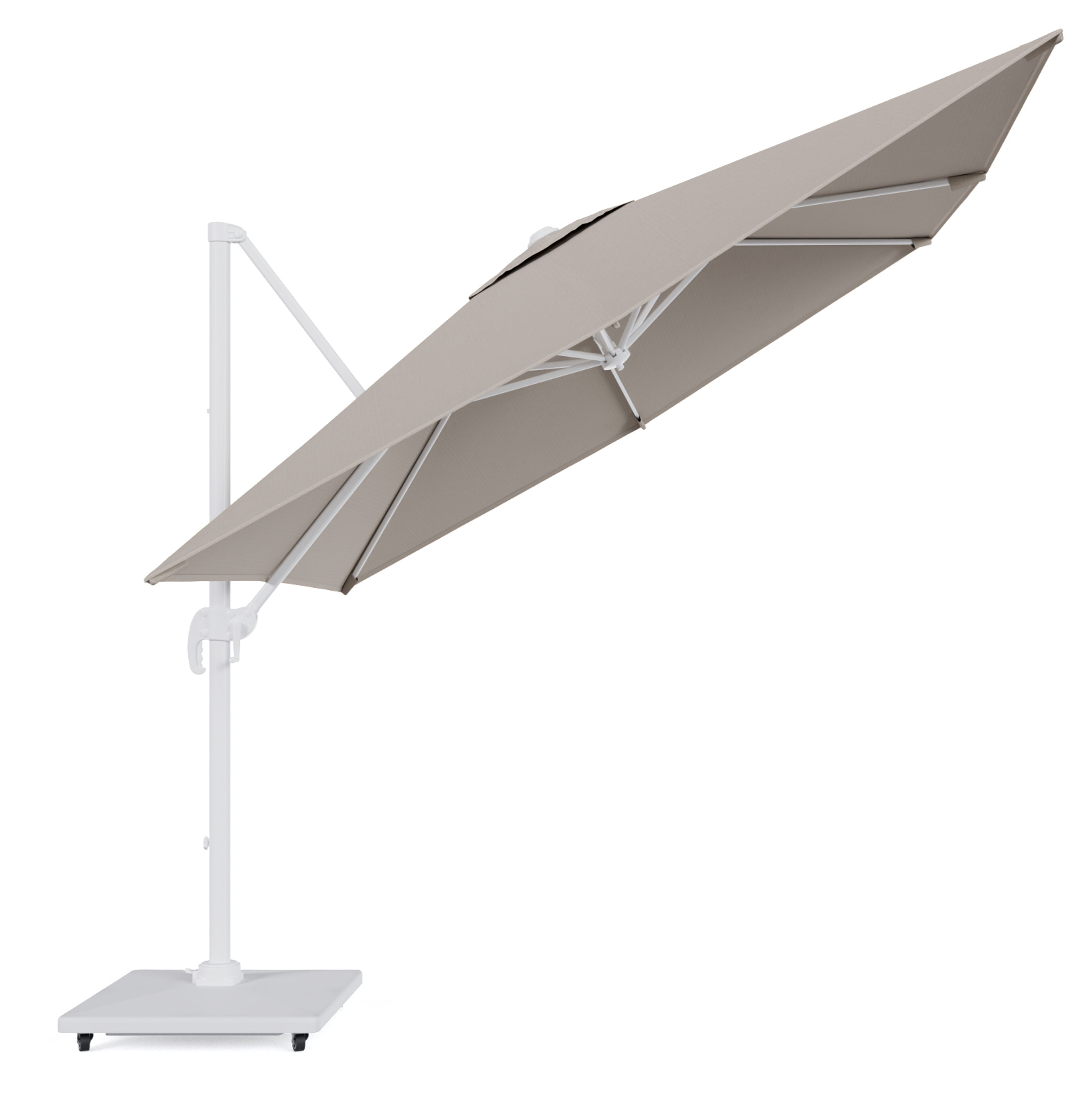 Calpe zweefparasol in wit aluminium en beige Weather+ Softtouch parasoldoek - L1 270 x L2 270 cm met Calpe parasolvoet 70 kg met wielen