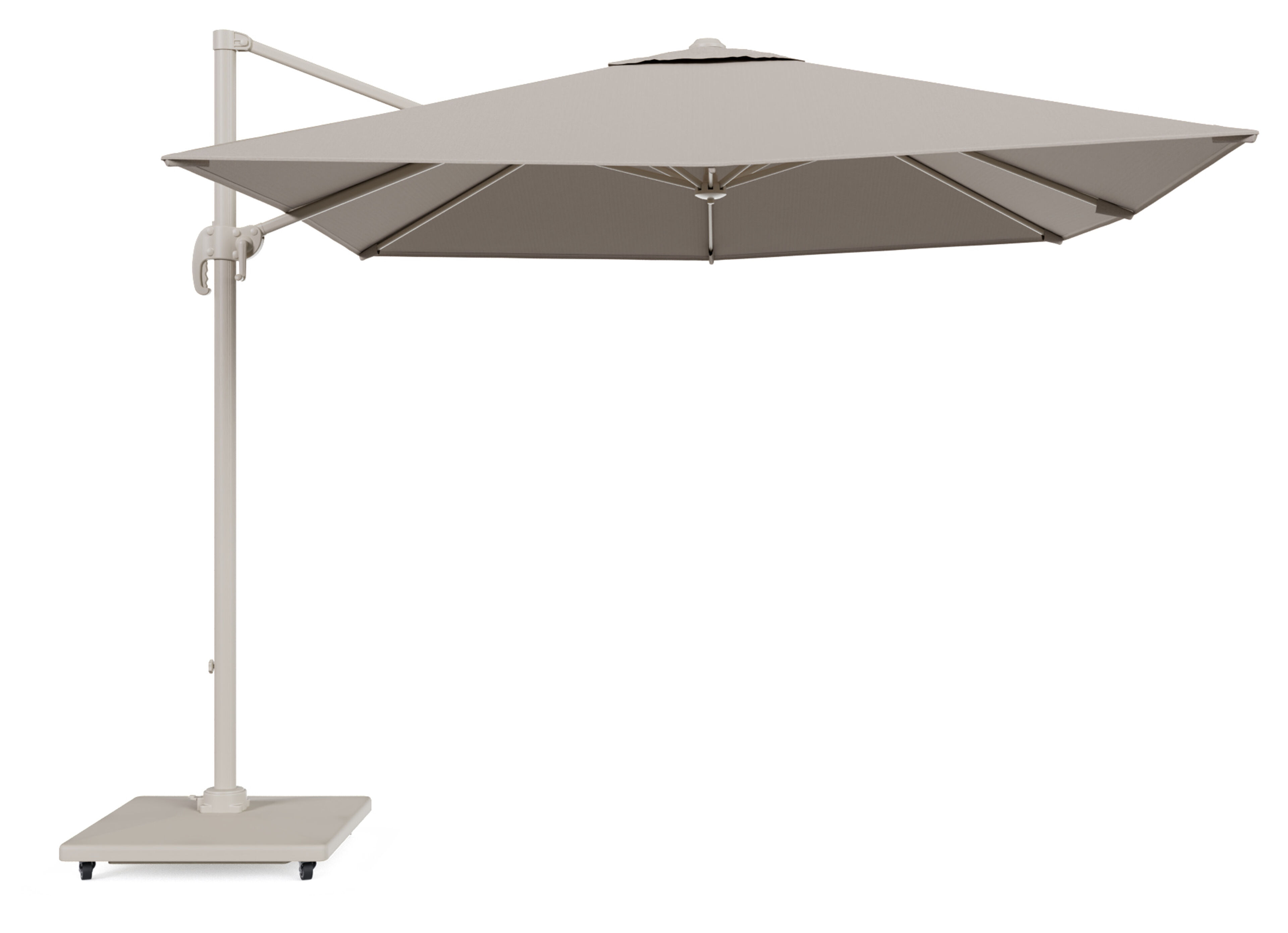 Calpe zweefparasol in beige aluminium en beige Weather+ Softtouch parasoldoek - L1 270 x L2 270 cm met Calpe parasolvoet 70 kg met wielen