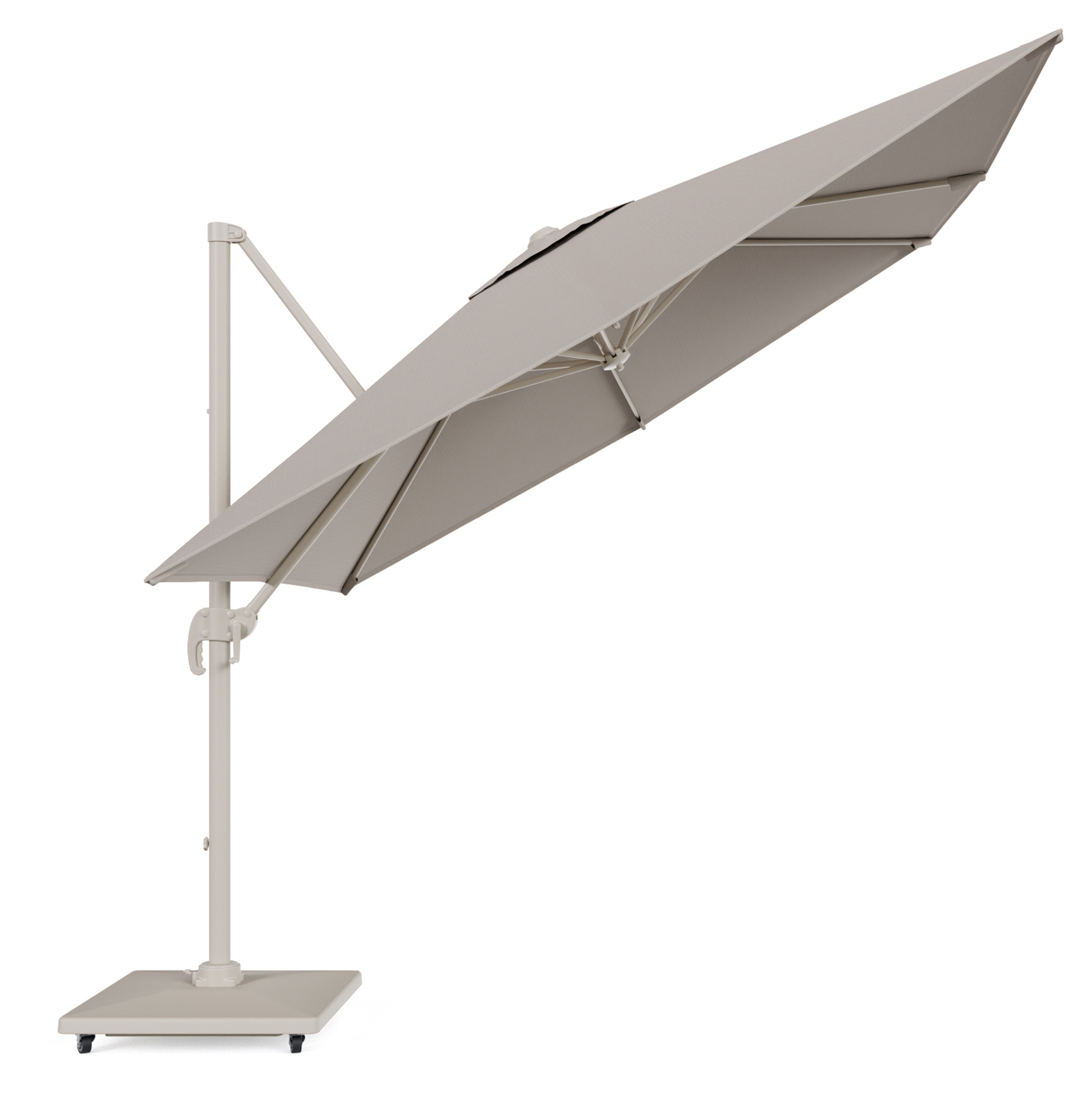 Calpe zweefparasol in beige aluminium en beige Weather+ Softtouch parasoldoek - L1 270 x L2 270 cm met Avola parasolvoet 90 kg met wielen