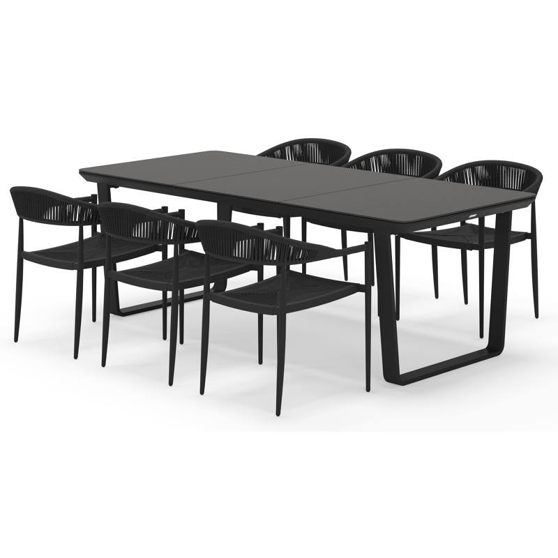 Ensemble de jardin Alora rectangulaire arrondi en aluminium noir et sintered stone noir avec 6 chaises de jardin Guarda empilables