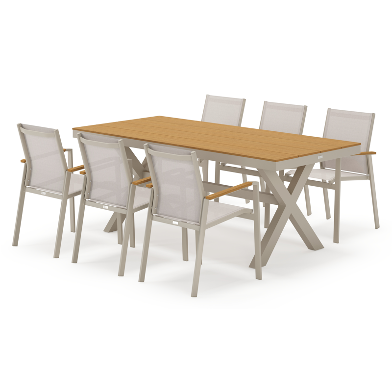 Bahia ensemble de jardin rectangulaire en aluminium beige et polywood avec 6 Bahia chaises de jardin