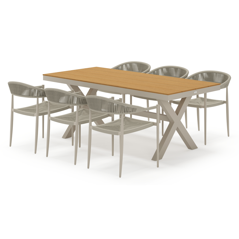 Bahia tuinset rechthoekig in beige aluminium en polywood met 6 Guarda tuinstoelen
