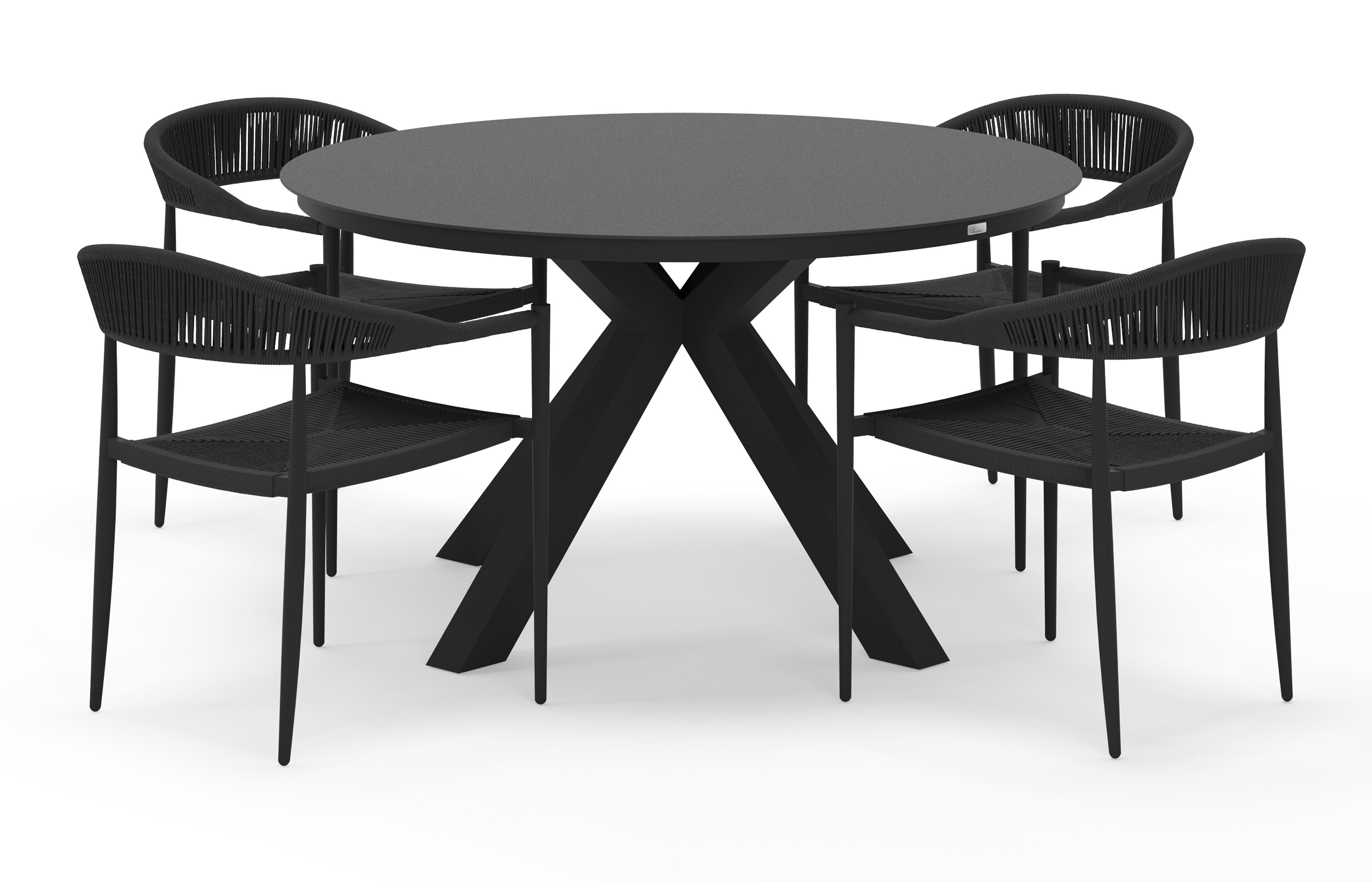 Tora tuinset rond in zwart aluminium en sintered stone zwart met 4 Guarda tuinstoelen