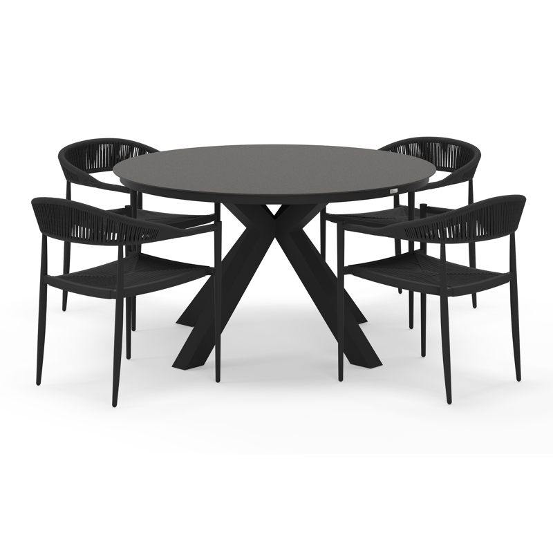 Tora tuinset rond in zwart aluminium en sintered stone zwart met 4 Guarda tuinstoelen