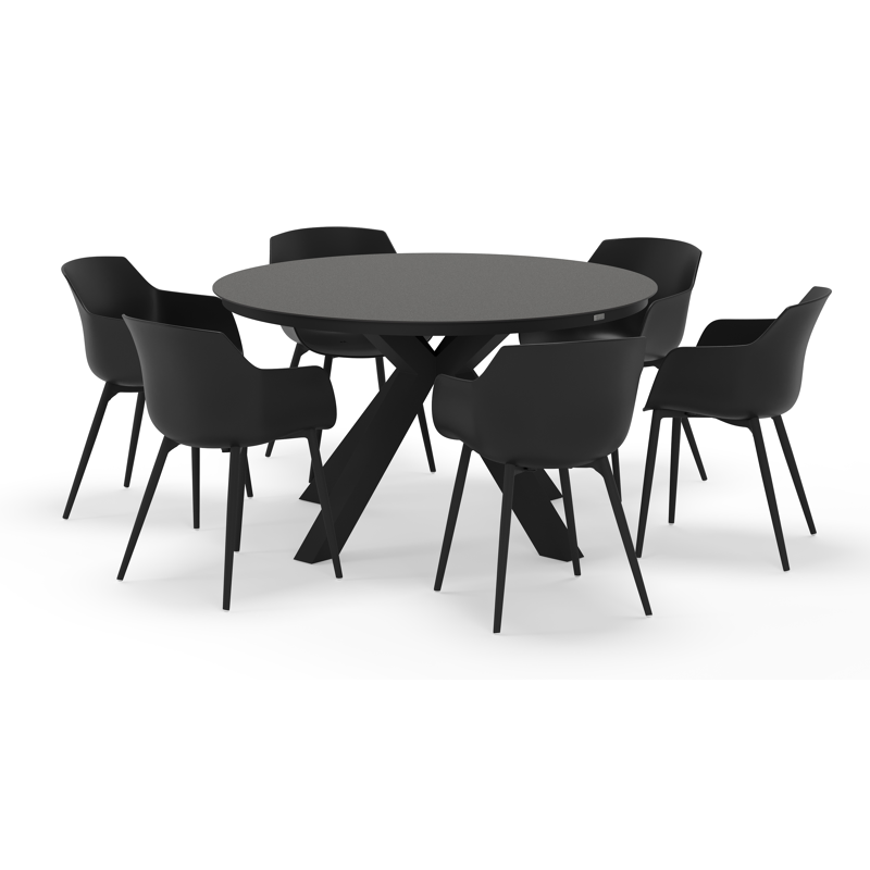 Tora tuinset rond in zwart aluminium en sintered stone zwart met 6 Paco tuinstoelen