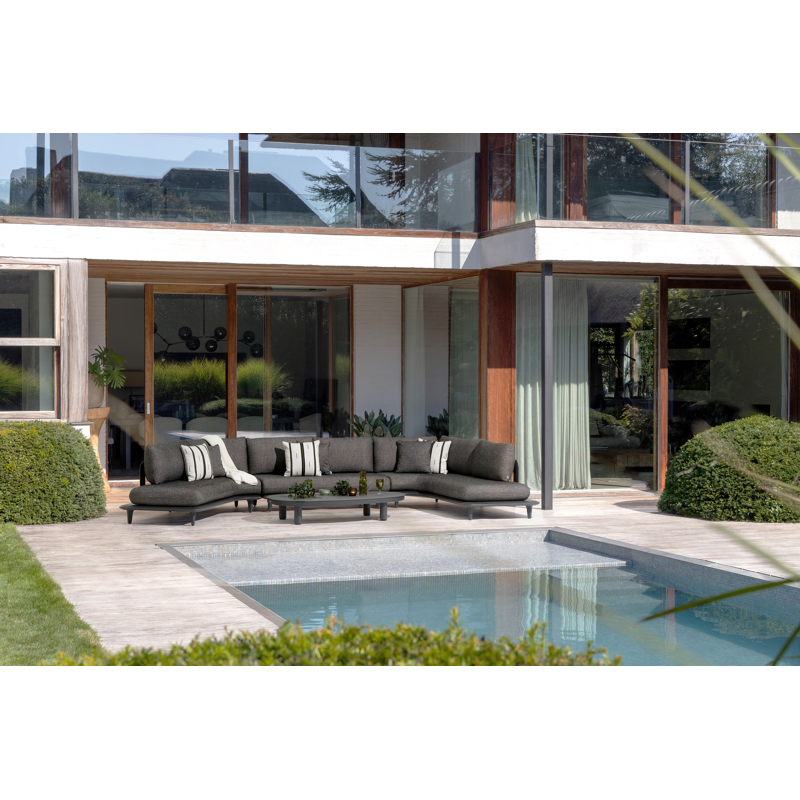 Salon de jardin d'angle Bomero en aluminium noir et coussins en all weather sunbrella® luxe savane coconut