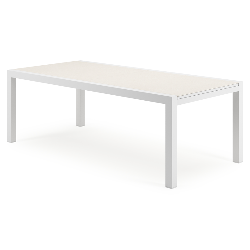 Table de jardin Calobra rectangulaire en aluminium blanc et sintered stone crema minerale - Lg. 220 - 330 x Lrg. 107 x Haut. 75 cm