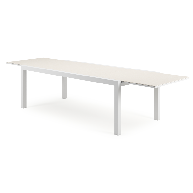 Table de jardin Calobra rectangulaire en aluminium blanc et sintered stone crema minerale - Lg. 220 - 330 x Lrg. 107 x Haut. 75 cm
