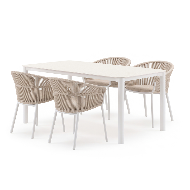 Orso tuinset rechthoekig afgerond in wit aluminium en volkeramiek beige met 4 stapelbare Matera tuinstoelen