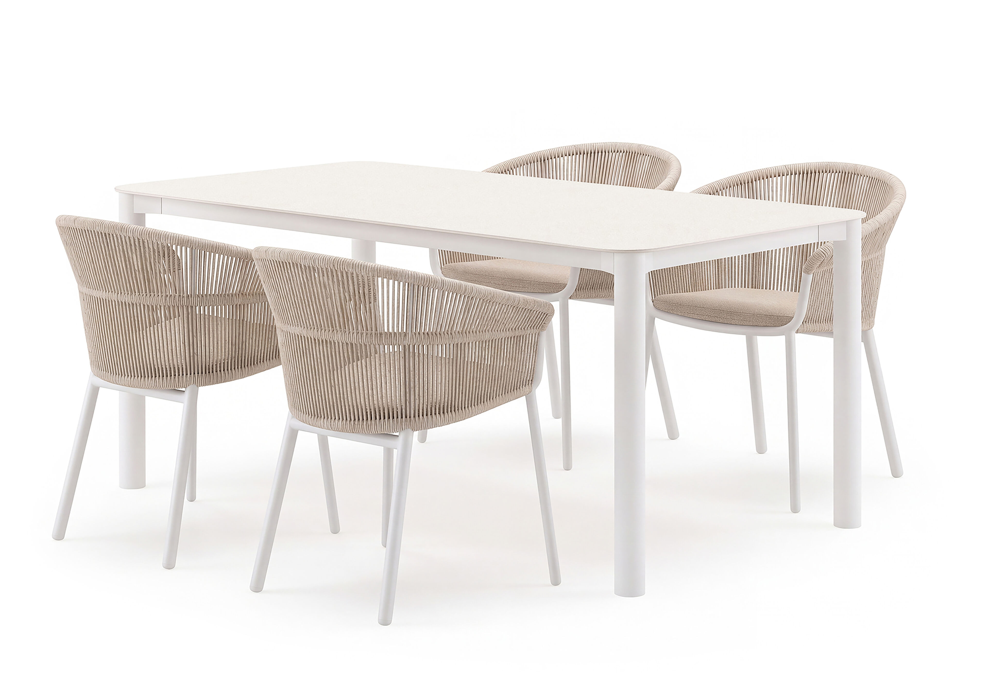 Orso tuinset rechthoekig afgerond in wit aluminium en volkeramiek beige met 4 stapelbare Matera tuinstoelen