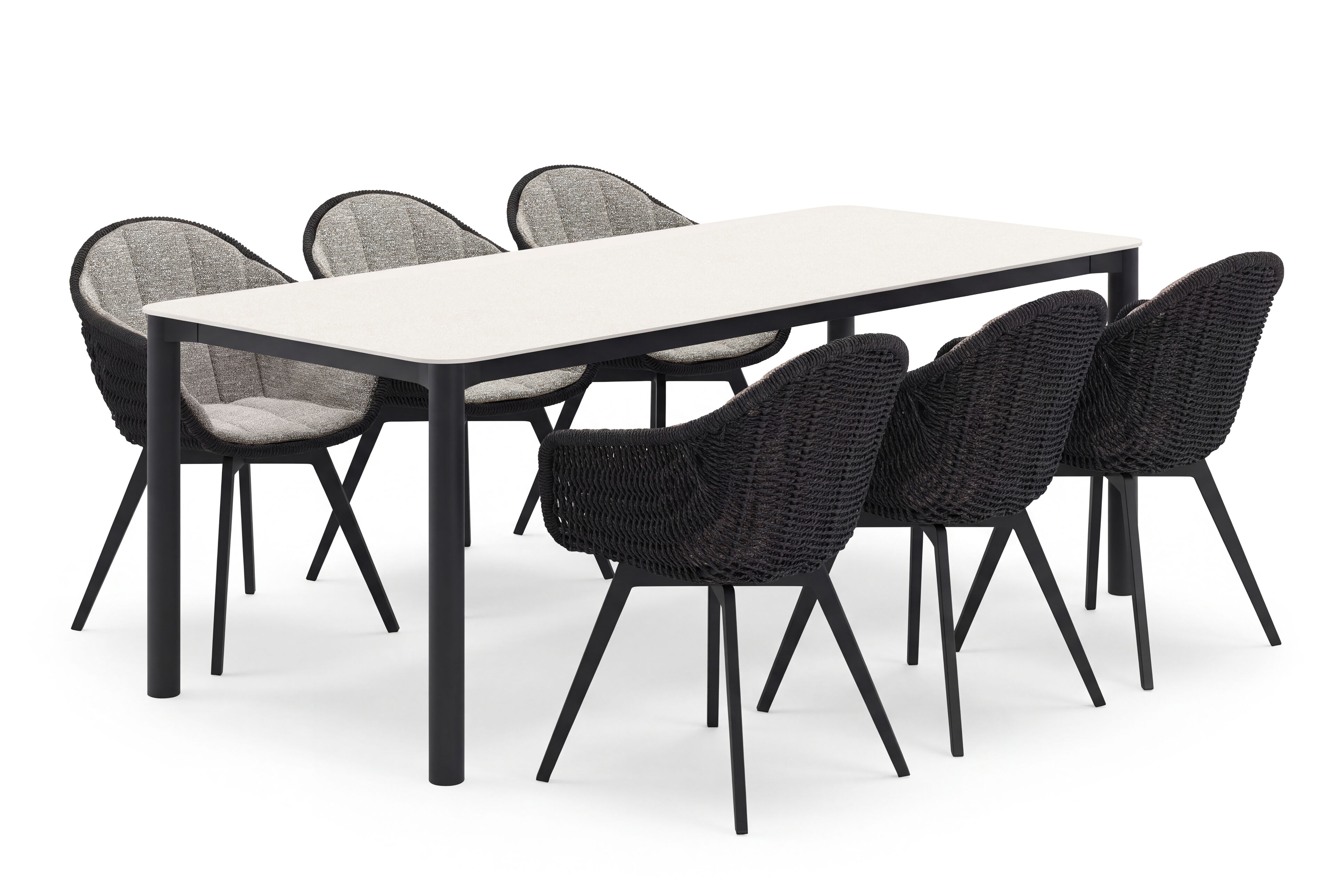 Orso tuinset rechthoekig afgerond in zwart aluminium en volkeramiek beige met 6 Pagino tuinstoelen