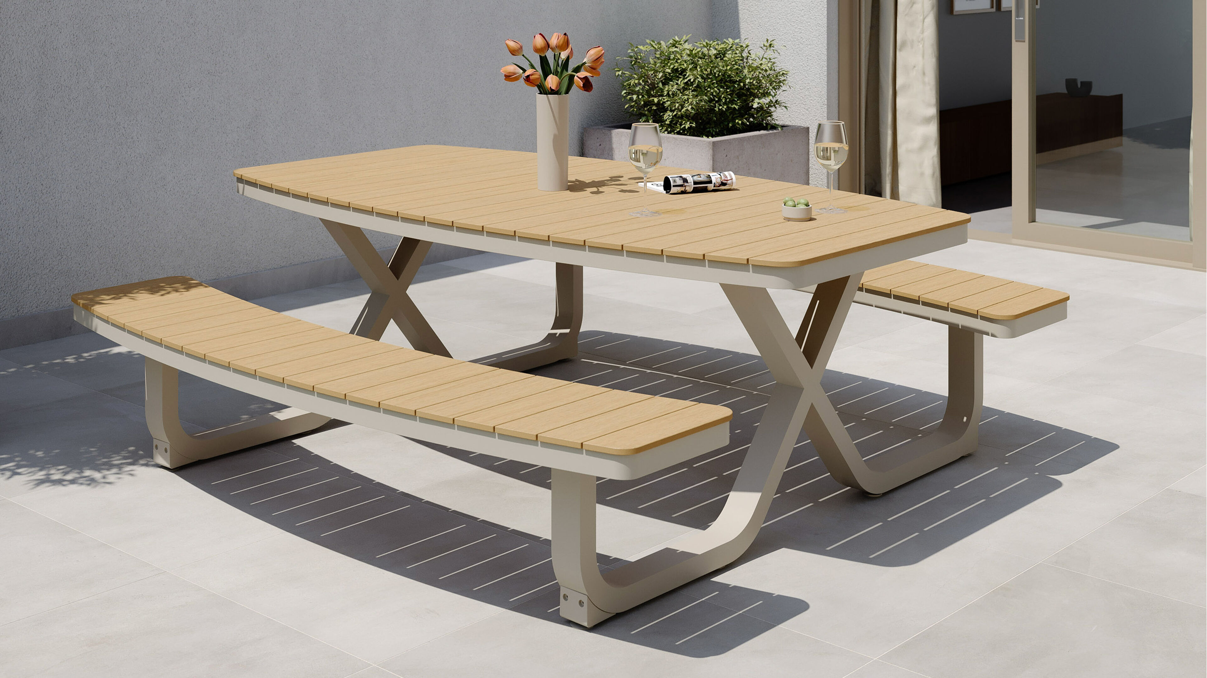 Alora picknicktafel in beige aluminium en polywood - L 200 x B 214 x H 74 cm