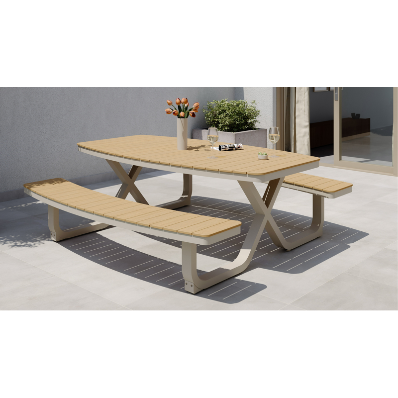 Alora picknicktafel in beige aluminium en polywood - L 200 x B 214 x H 74 cm