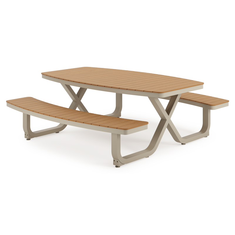 Table de pique-nique Alora en aluminium beige et polywood - Lg. 200 x Lrg. 214 x Haut. 74 cm