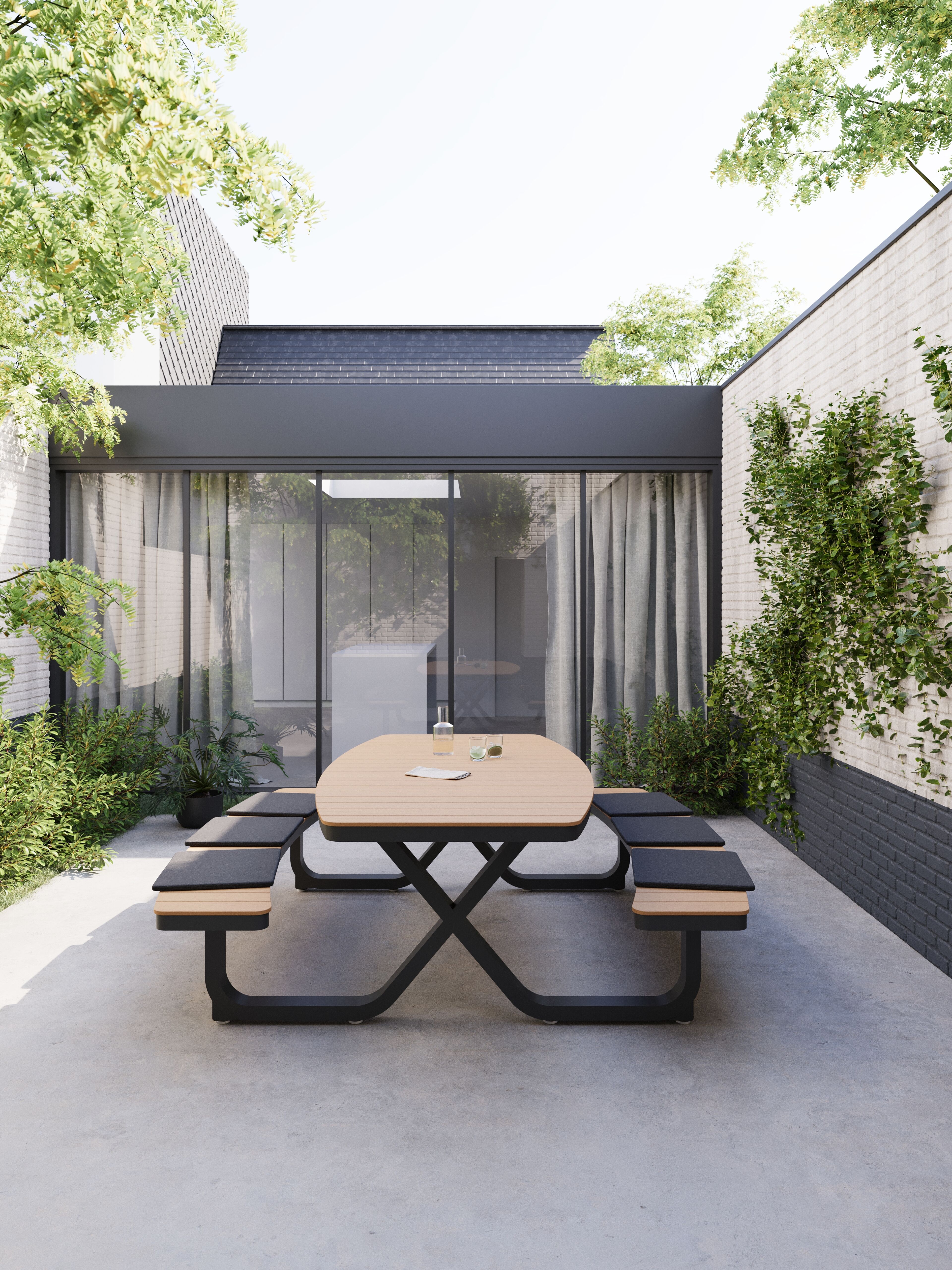 Alora picknicktafel in zwart aluminium en polywood - L 200 x B 214 x H 74 cm