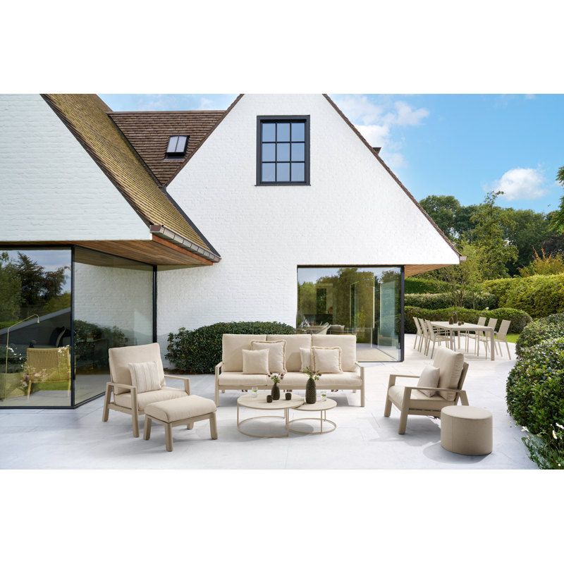 Canapé de jardin Cirello en aluminium beige et coussins en all weather sunbrella® luxe chartres drizzle