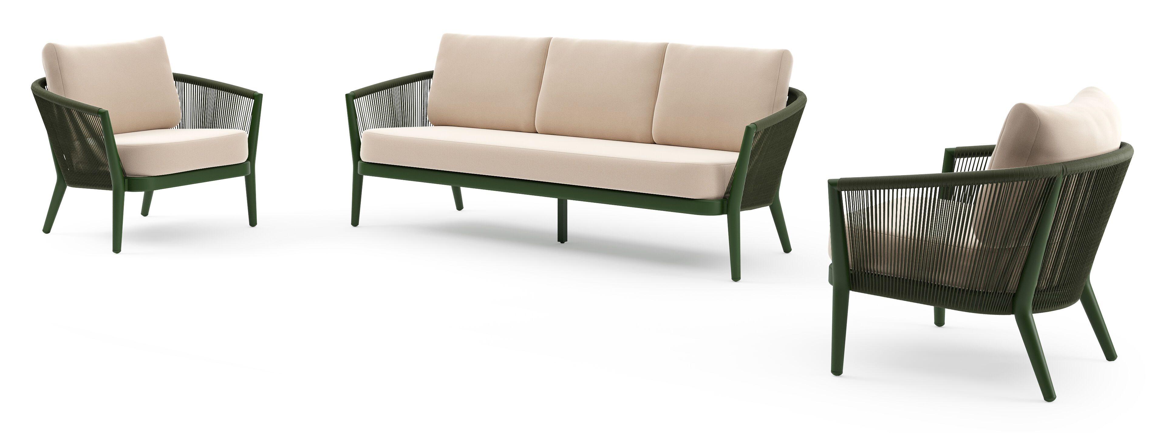 Orso loungeset in groen aluminium en groen verticaal geweven ronde rope met Natte Linen Chalk all weather sunbrella® luxe kussen
