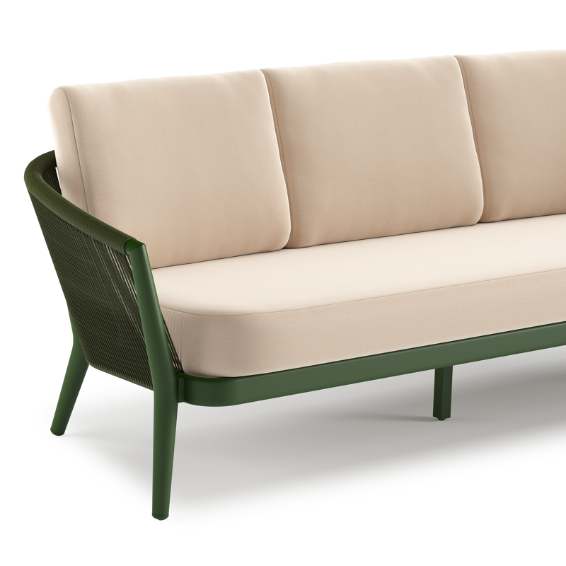 Orso loungeset in groen aluminium en groen verticaal geweven ronde rope met Natte Linen Chalk all weather sunbrella® luxe kussen