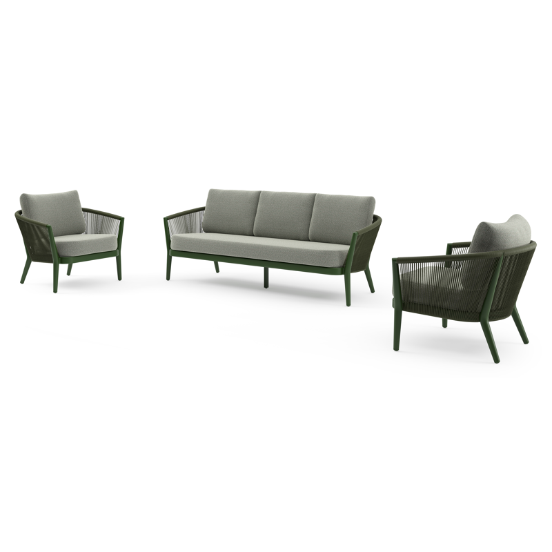 Orso loungeset in groen aluminium en groen verticaal geweven ronde rope met Savane Leaf all weather sunbrella® luxe kussen